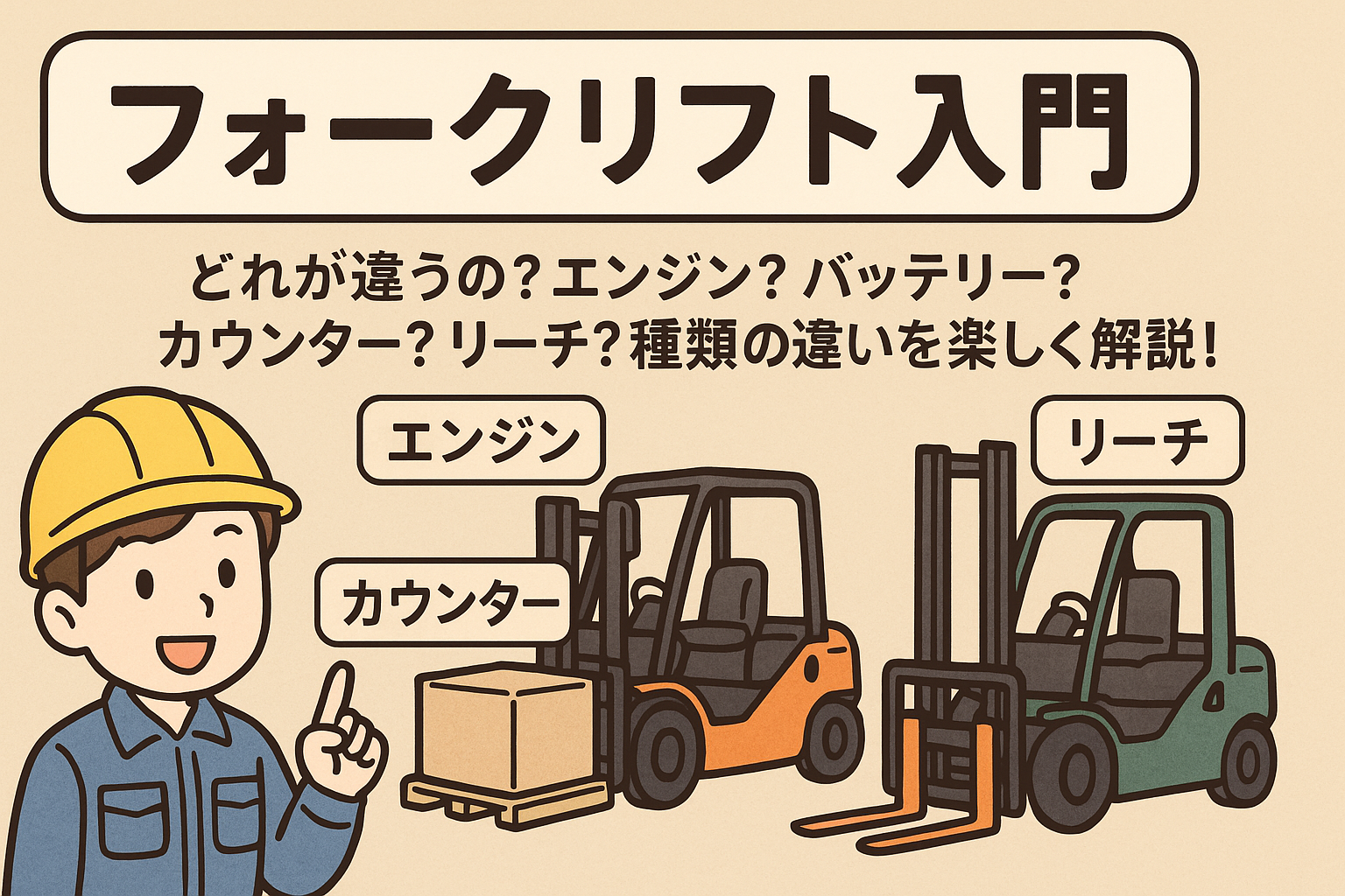 【フォークリフト入門】どれが違うの？エンジン？バッテリー？カウンター？リーチ？種類の違いを楽しく解説！