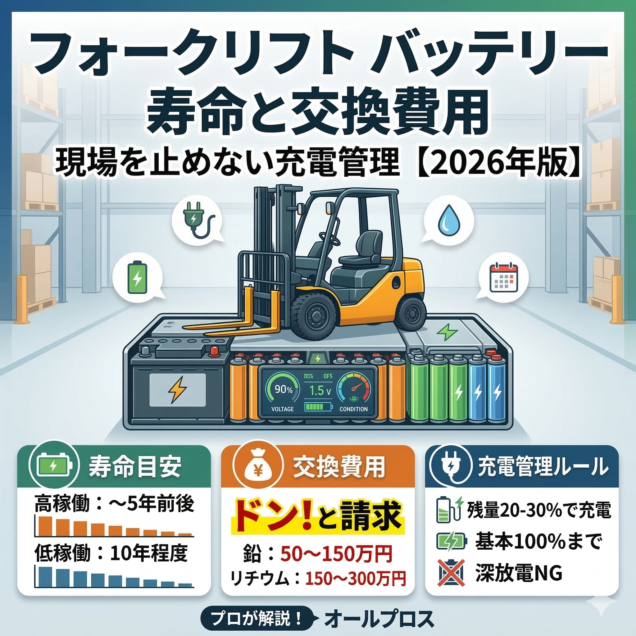 フォークリフトバッテリー寿命と交換費用｜現場を止めない充電管理【2026年版】