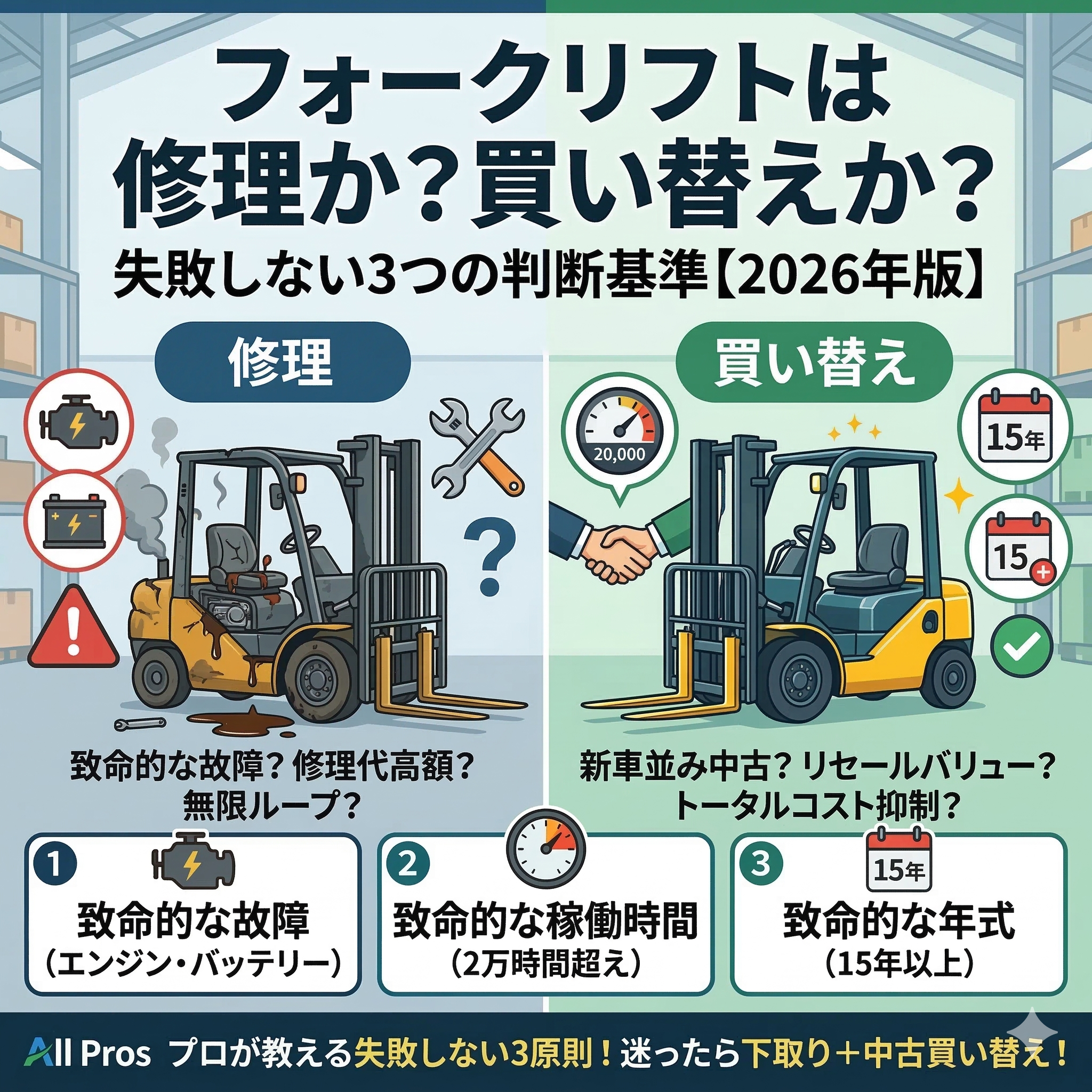 フォークリフトは修理か？買い替えか？～失敗しない3つの判断基準【2026年版】