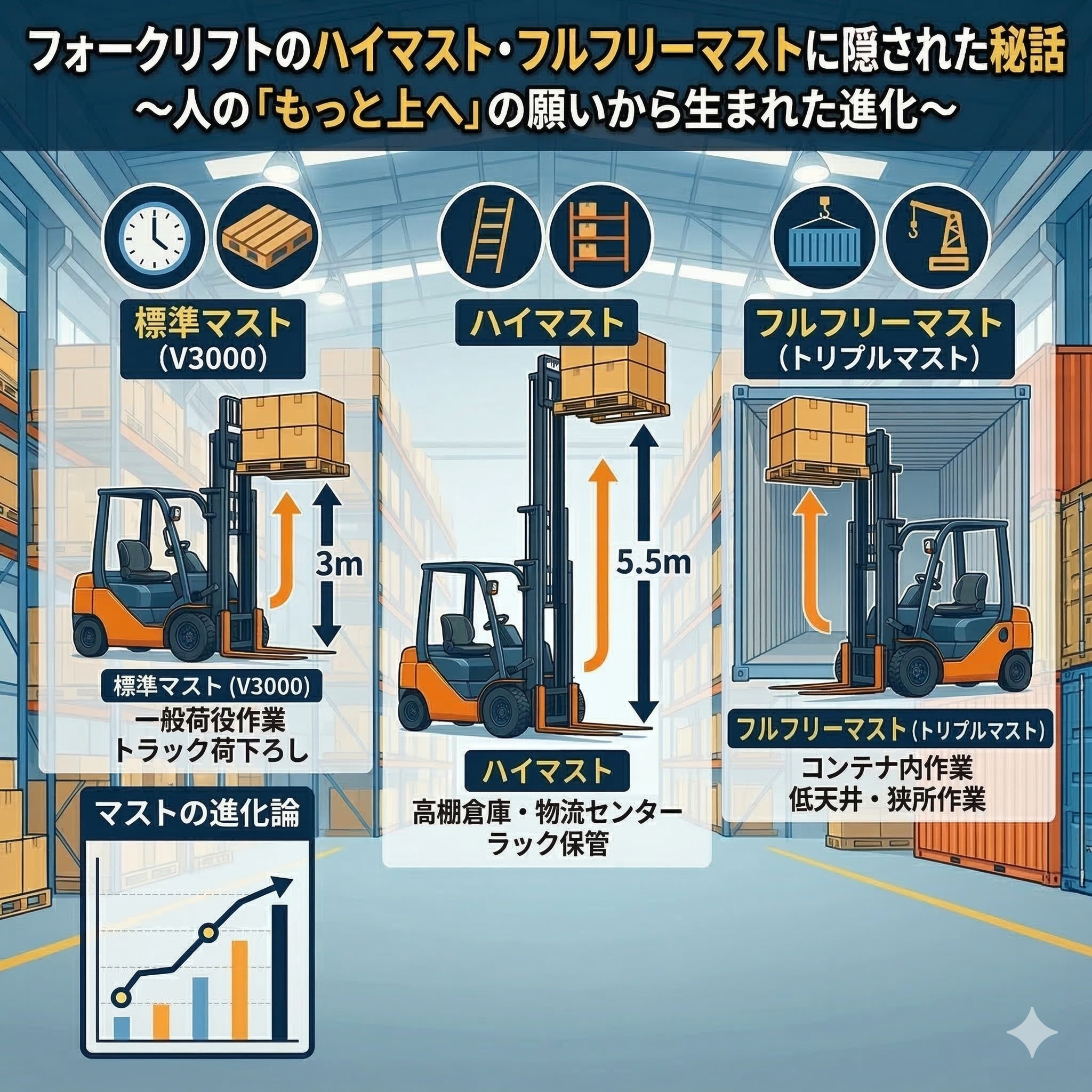フォークリフトのハイマスト・フルフリーマストに隠された秘話
