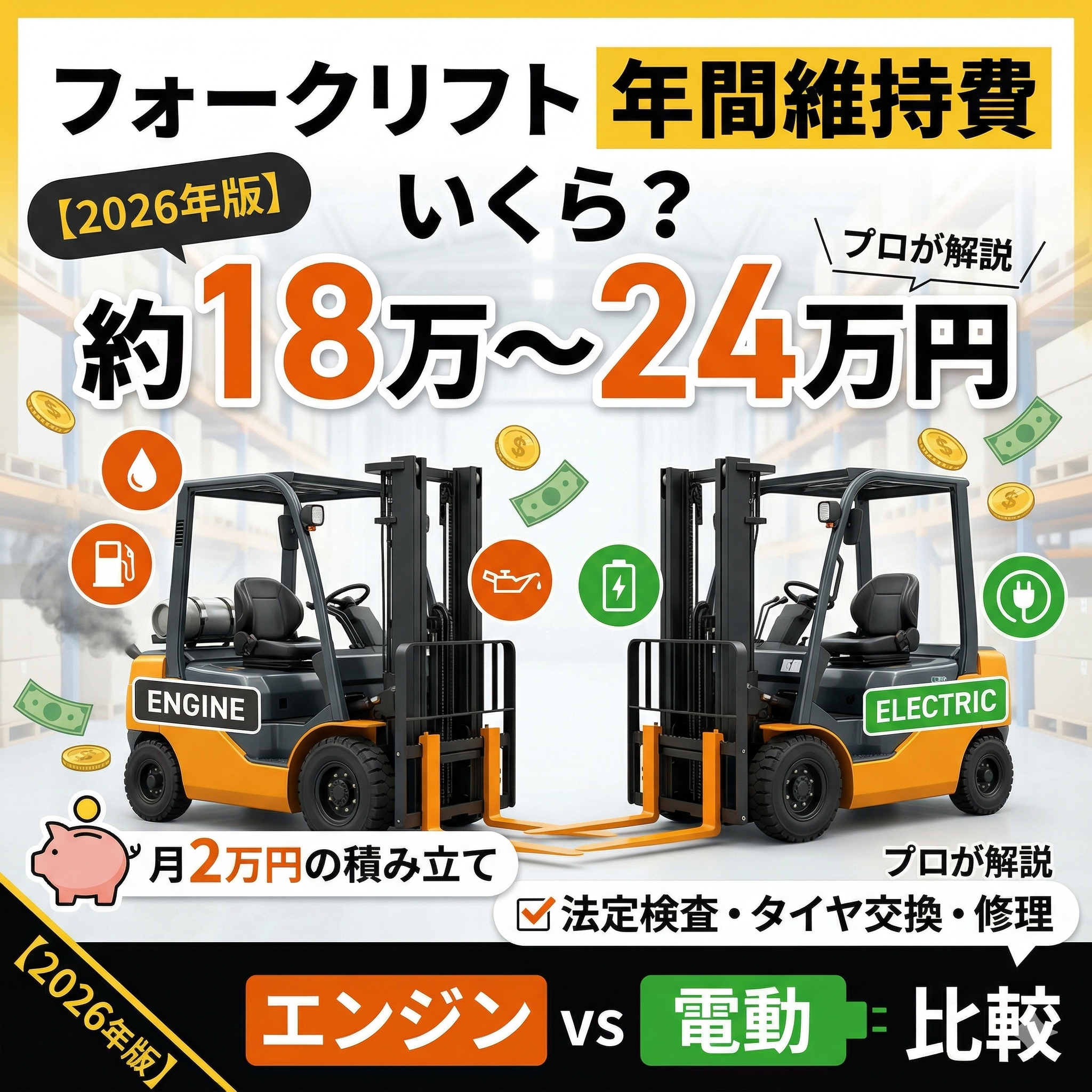 フォークリフトの年間維持費はいくら?エンジンvs電動で比較【2026年版】