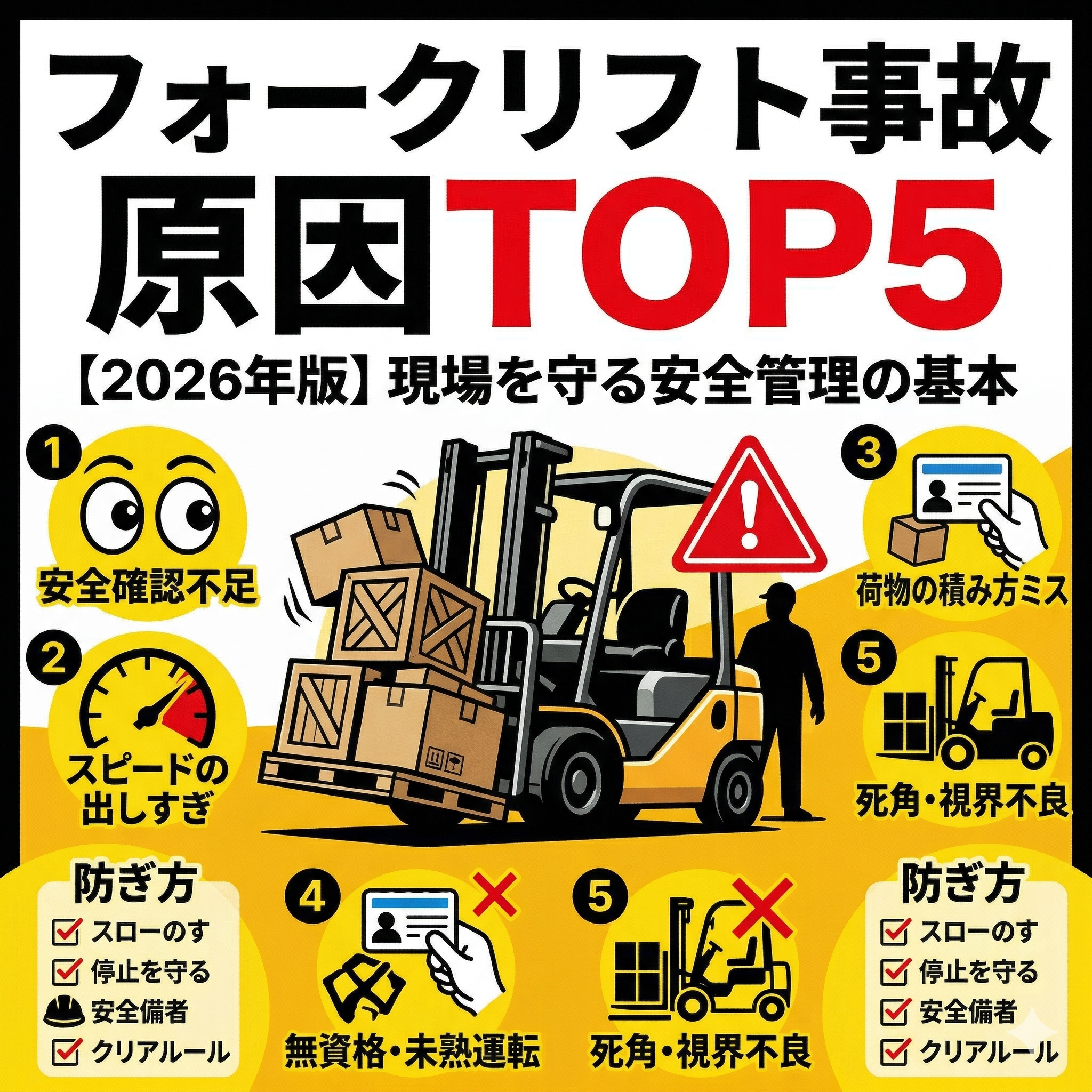 フォークリフト事故の原因TOP5と防ぎ方|現場を守る安全管理の基本【2026年版】